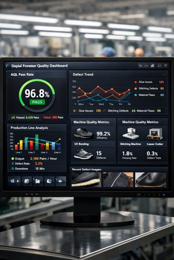 Digital AQL quality monitoring system in footwear manufacturing.