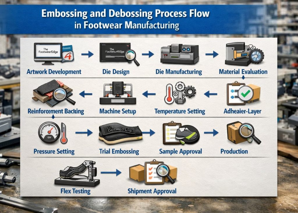 Embossing and debossing process flow in footwear manufacturing.