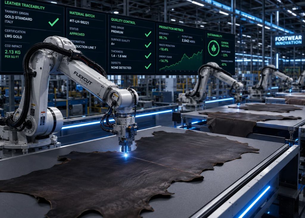 An advanced automated footwear manufacturing assembly line utilizing robotic arms to process premium leather hides under blue LED lighting.