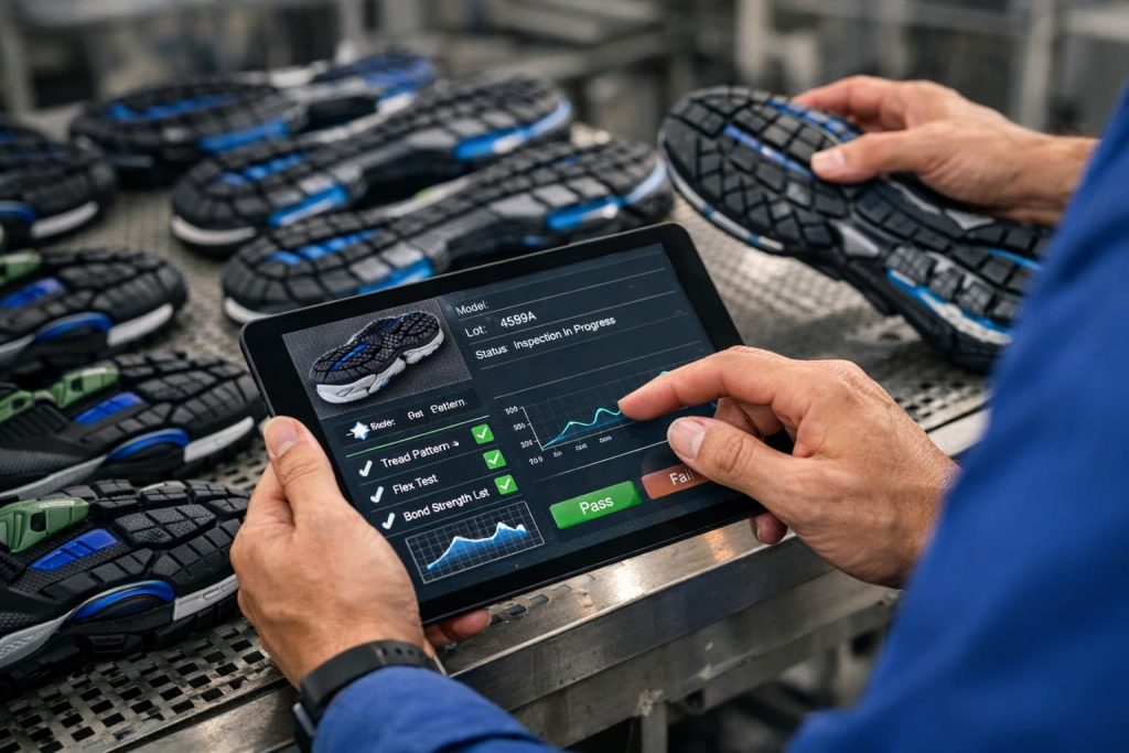 Quality control technician using a diagnostic tablet to inspect specialized athletic shoe sole engineering.