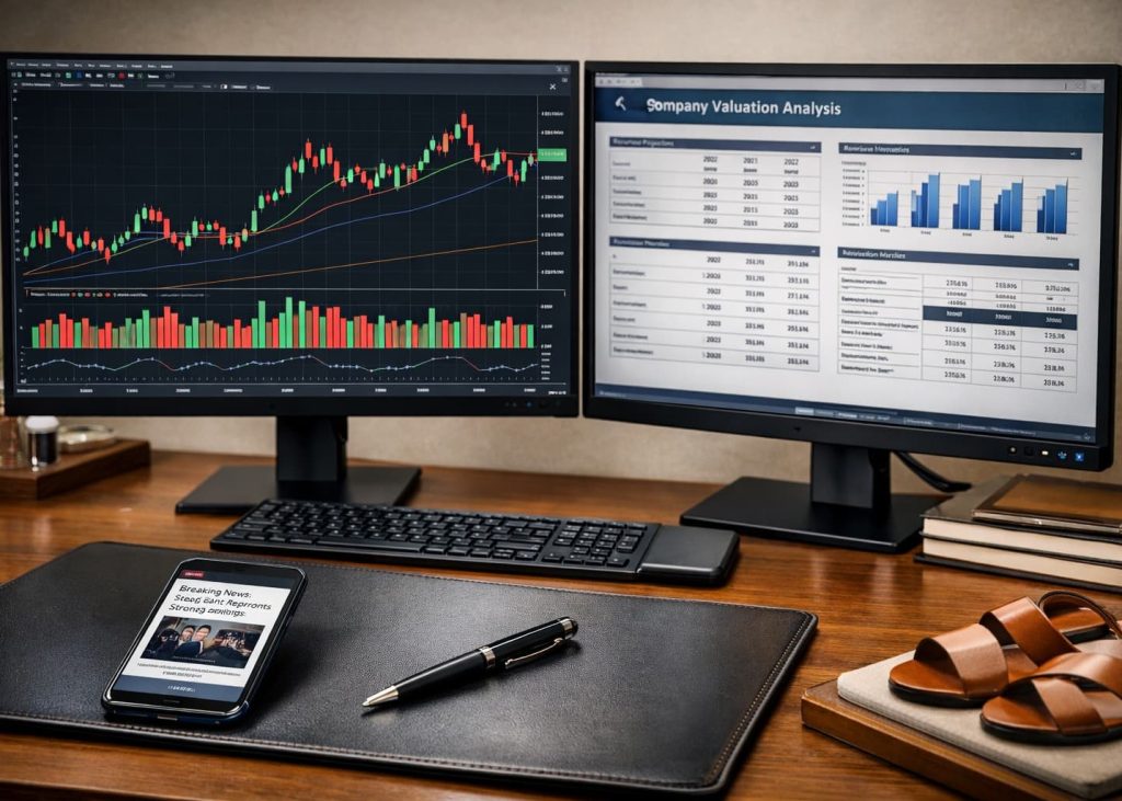 Professional financial desk layout showing dual monitors displaying stock index candlestick charts and corporate valuation metrics.