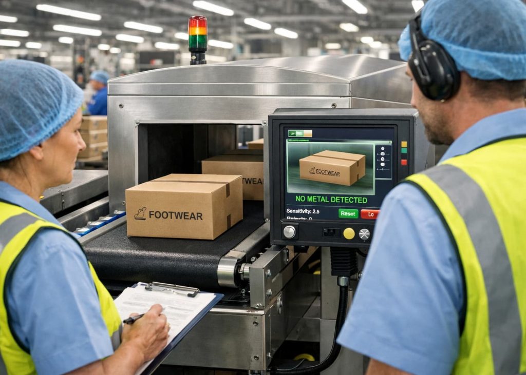 : Footwear cartons cleared for shipment after metal detection.
