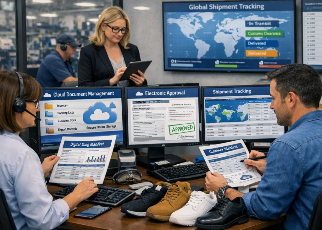 Digital document management system for footwear export operations.