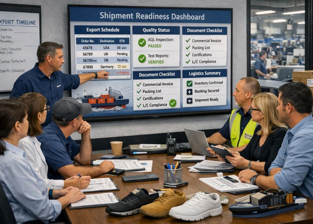 Footwear factory shipping readiness review meeting.