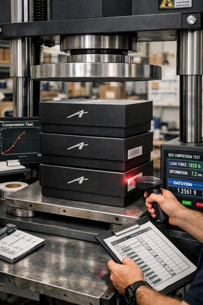 Box compression testing for footwear packaging.