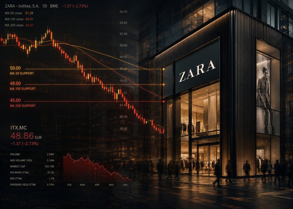 A conceptual double-exposure graphic showing downward-trending retail stock charts overlaid on a premium city retail storefront.