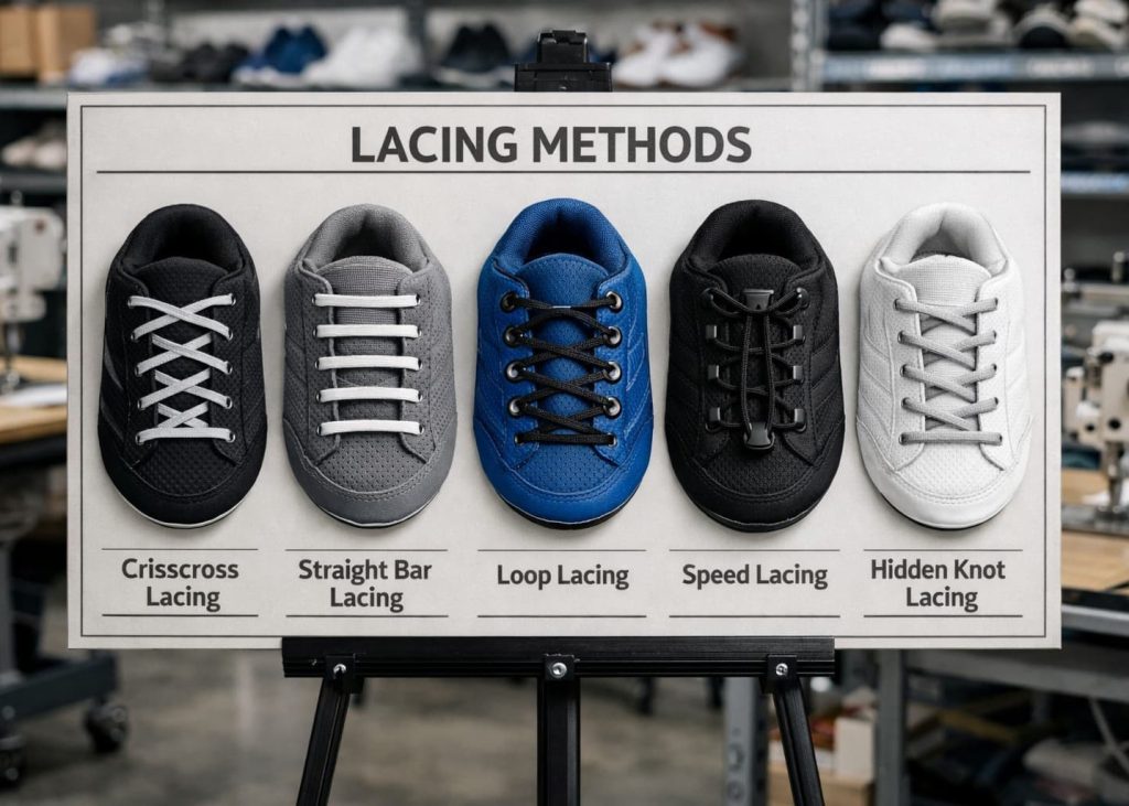 Different shoe lacing methods used in footwear manufacturing