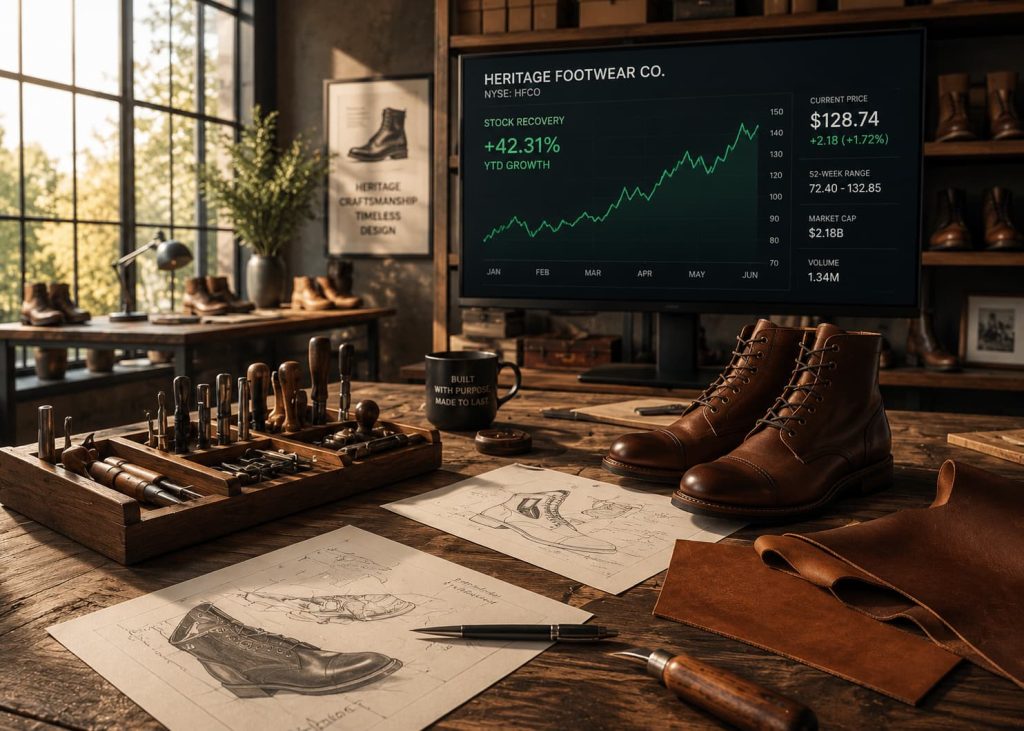 A sunlit artisan footwear design workshop displaying premium leather cuts, traditional tools, and modern corporate performance charts