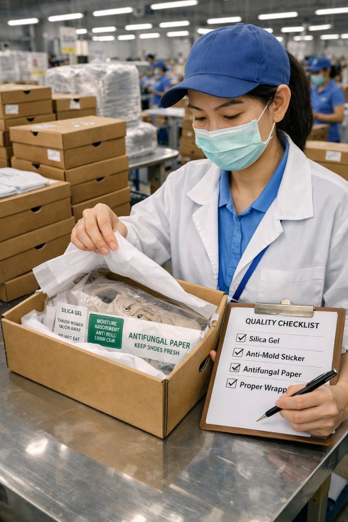Packaging quality audit in footwear manufacturing.