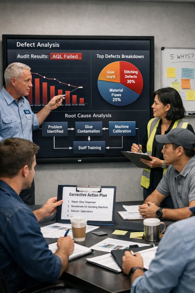 Root-cause analysis after footwear AQL audit failure.