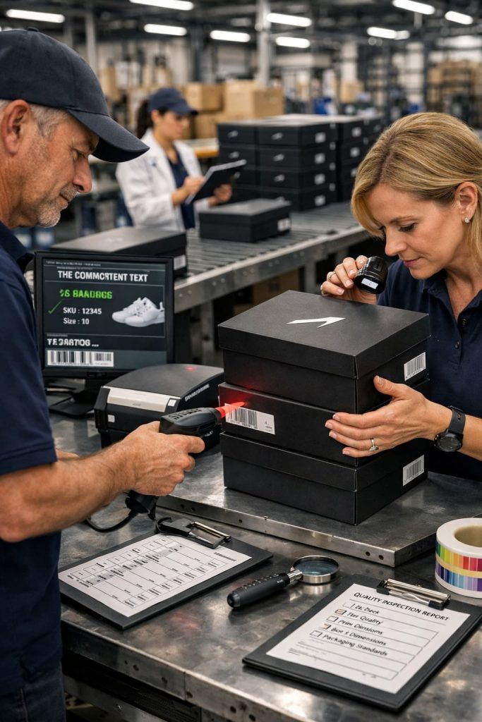 Unit box packaging audit in footwear manufacturing.