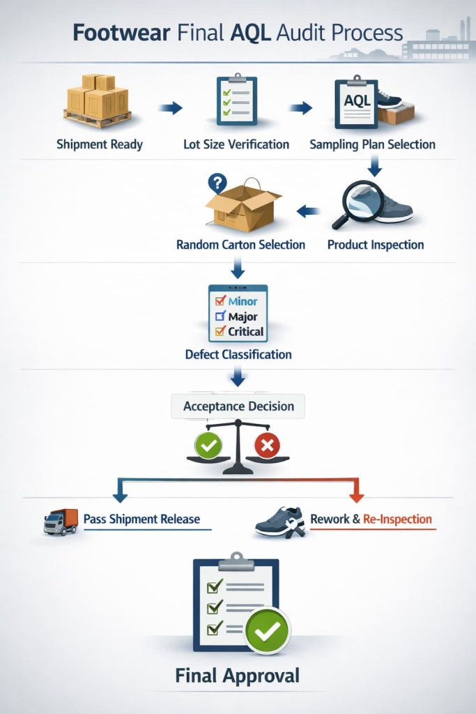 Final AQL Audit process flow in footwear manufacturing.