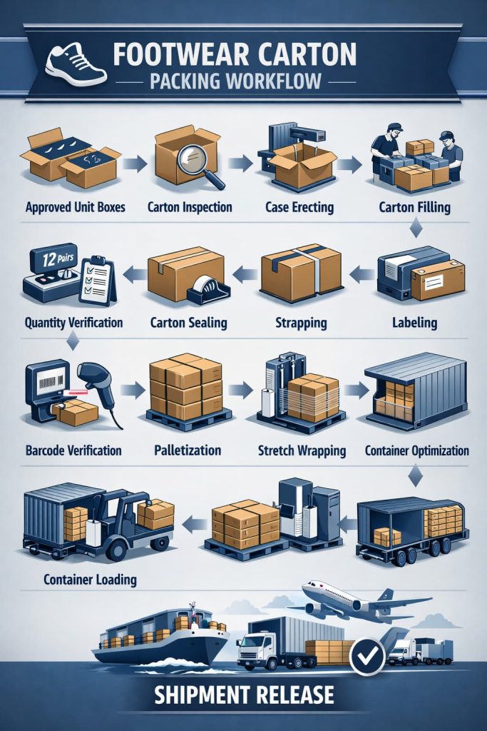 Carton packing process flow in footwear manufacturing