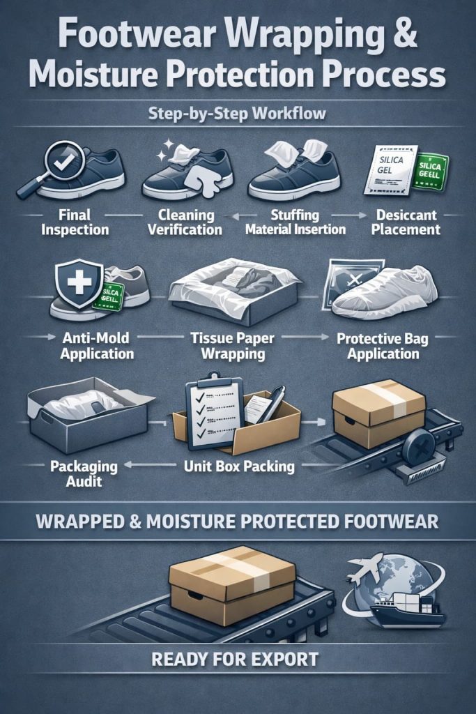 Footwear wrapping and anti-mold protection workflow.