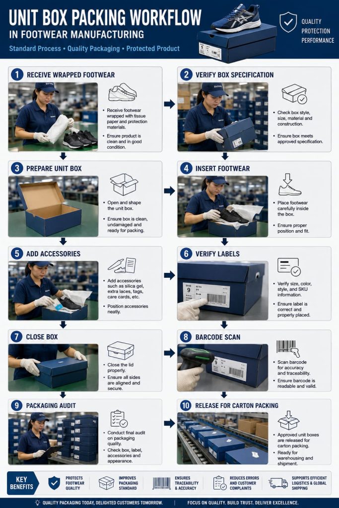 Unit box packing process flow in footwear manufacturing.