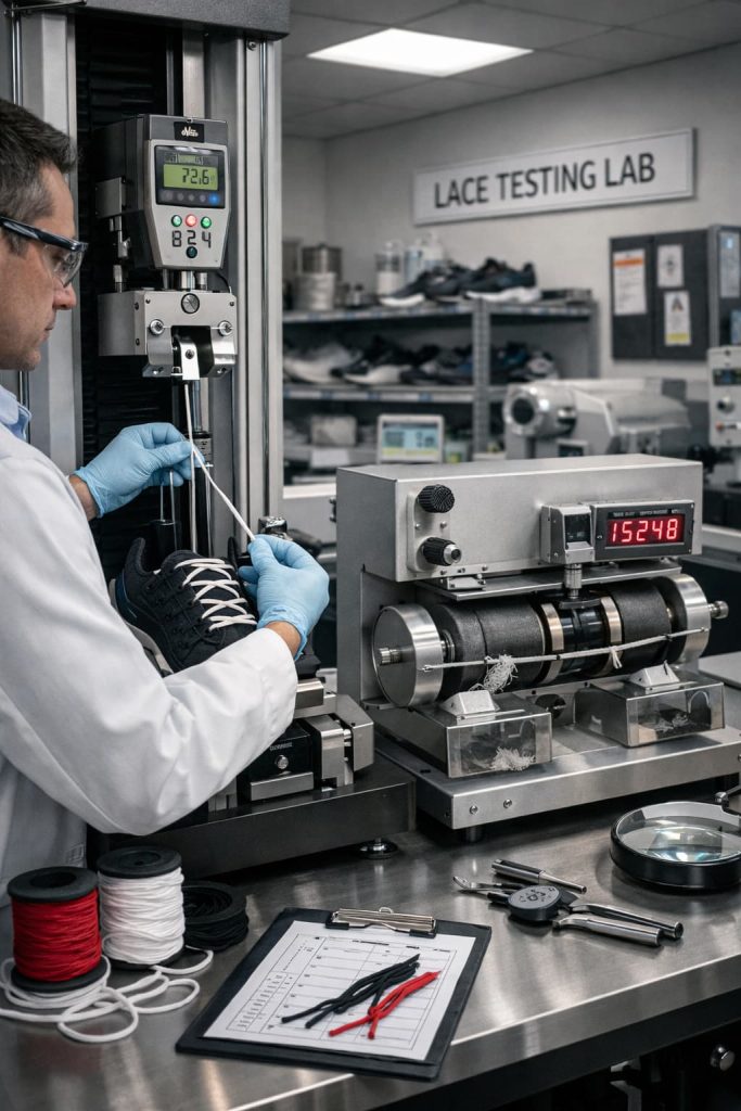 Footwear lace tensile strength testing in quality laboratory