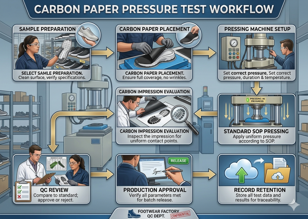 Carbon Paper Pressure Test process flow in footwear outsole pressing.