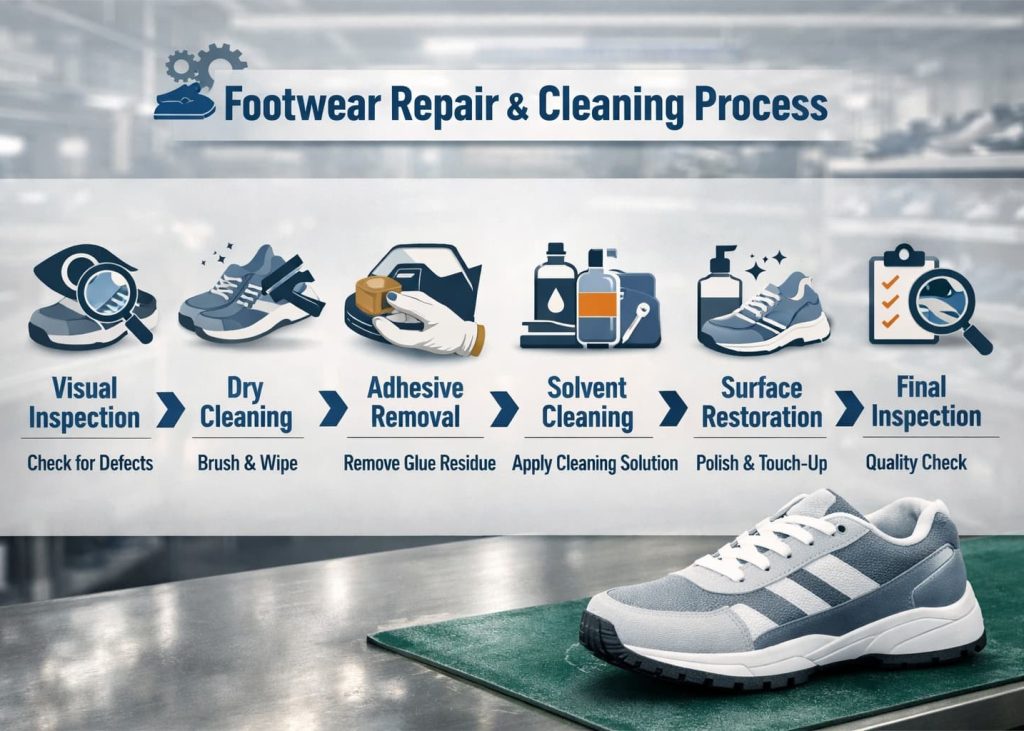 Repairing and cleaning process flow in footwear manufacturing