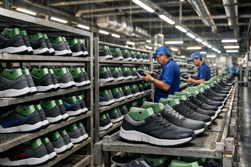 Footwear ageing process after outsole pressing in modern shoe factory