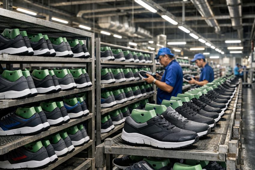 Footwear ageing process after outsole pressing in modern shoe factory
