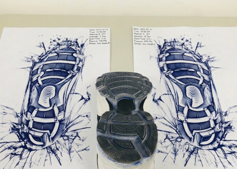 Carbon paper pressure test being performed on outsole pressing machine in footwear factory.