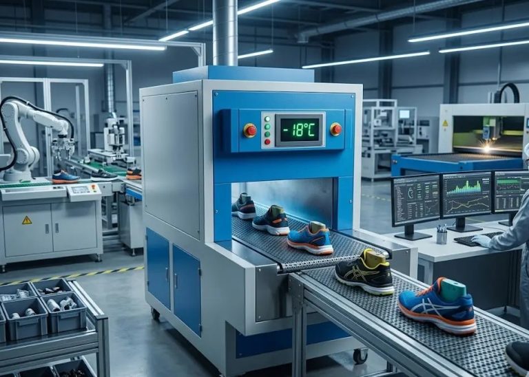 Chilling tunnel process in footwear manufacturing after outsole pressing