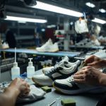 Footwear factory operator performing repairing and cleaning before final inspection