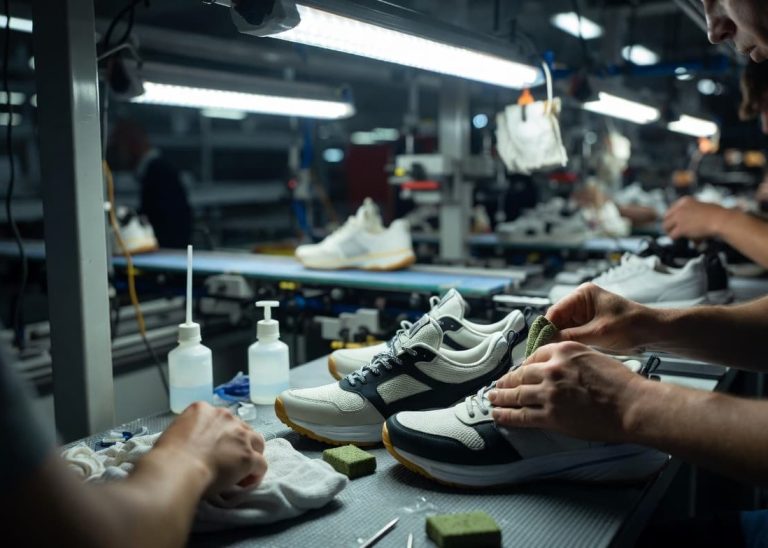 Footwear factory operator performing repairing and cleaning before final inspection