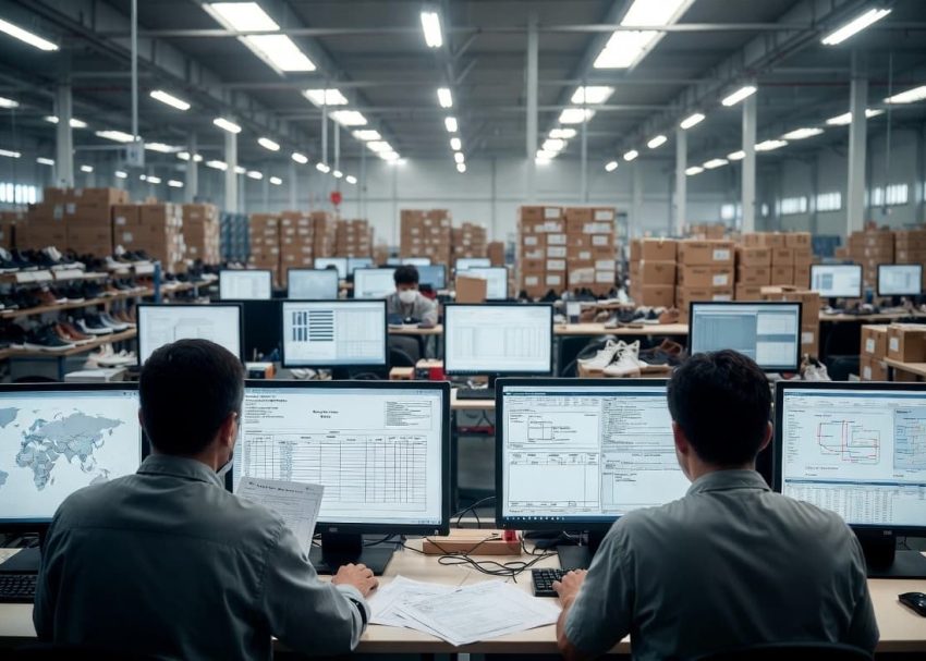 Footwear factory export documentation and shipping readiness process before shipment.