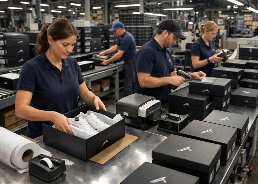 Unit box packing process in footwear manufacturing.