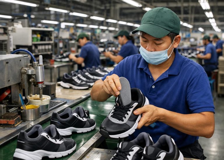 Operator attaching athletic shoe footbeds during footwear manufacturing assembly process