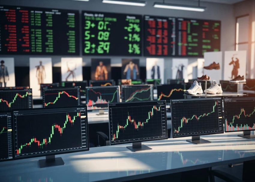 A professional financial trading room showcasing digital retail stock charts and clean design mockups of athletic and premium leather footwear.