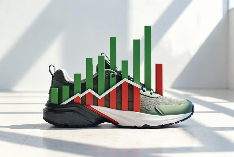 A high-tech running shoe silhouette fused with upward-trending financial data bars on a corporate office floor.