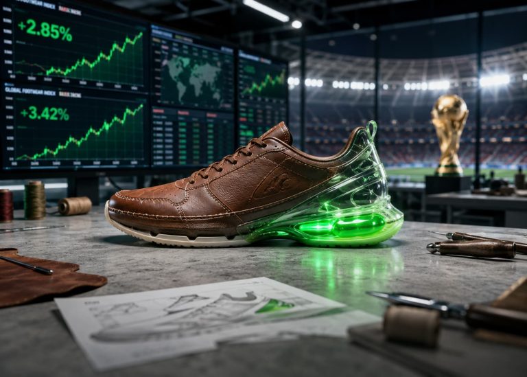 An ultra-modern footwear design studio showcasing a premium leather hybrid sneaker prototype on a concrete workbench with glowing stock charts in the background.
