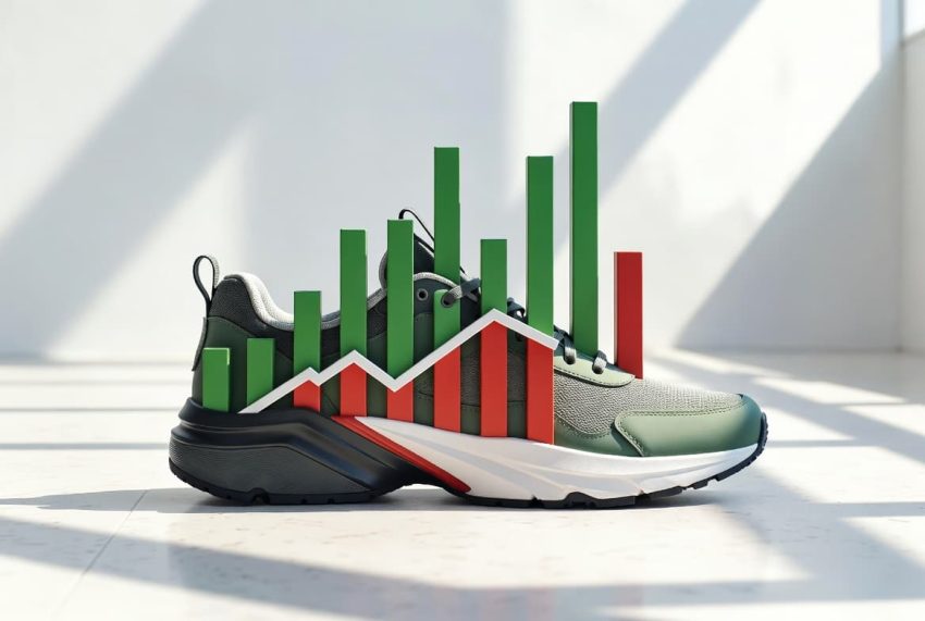 A high-tech running shoe silhouette fused with upward-trending financial data bars on a corporate office floor.