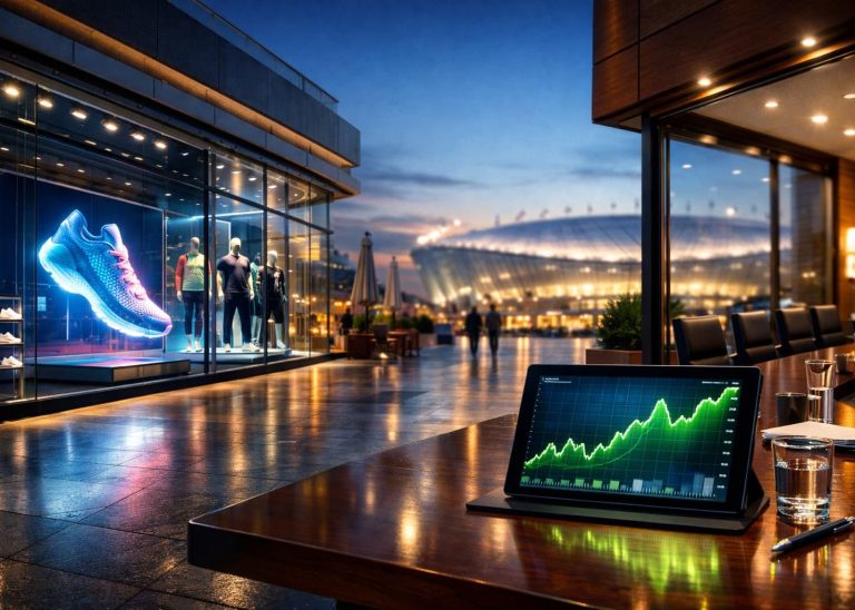 Panoramic ultra-modern retail pavilion displaying futuristic sneakers juxtaposed with an executive digital tablet showcasing trending green stock market line graphs.