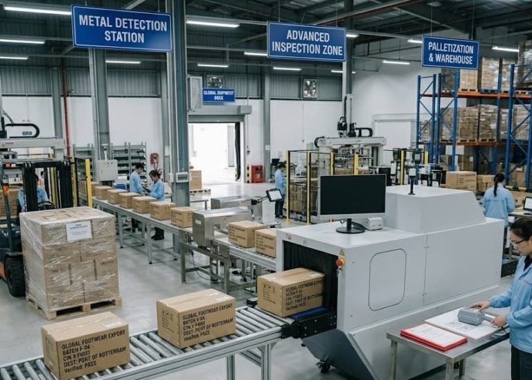 Industrial metal detection system inspecting footwear cartons before shipment.