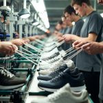 Operators performing footwear lacing process in modern sneaker factory
