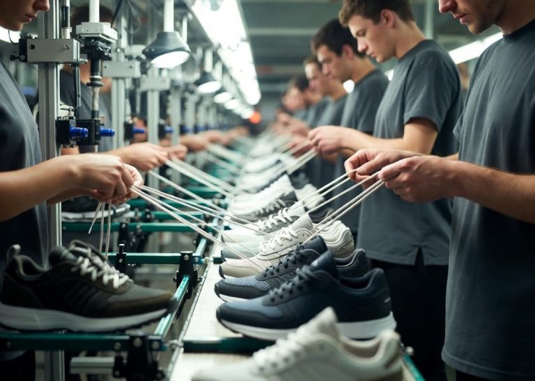 Operators performing footwear lacing process in modern sneaker factory
