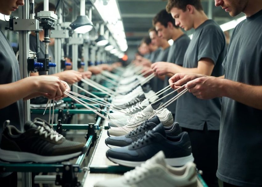 Operators performing footwear lacing process in modern sneaker factory