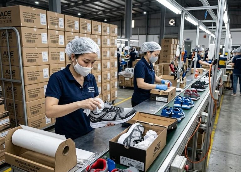 Operators performing paper stuffing in athletic footwear manufacturing before export packing