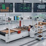 AI-powered smart cutting machine in a modern footwear manufacturing factory.