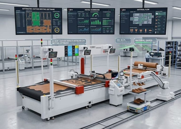 AI-powered smart cutting machine in a modern footwear manufacturing factory.