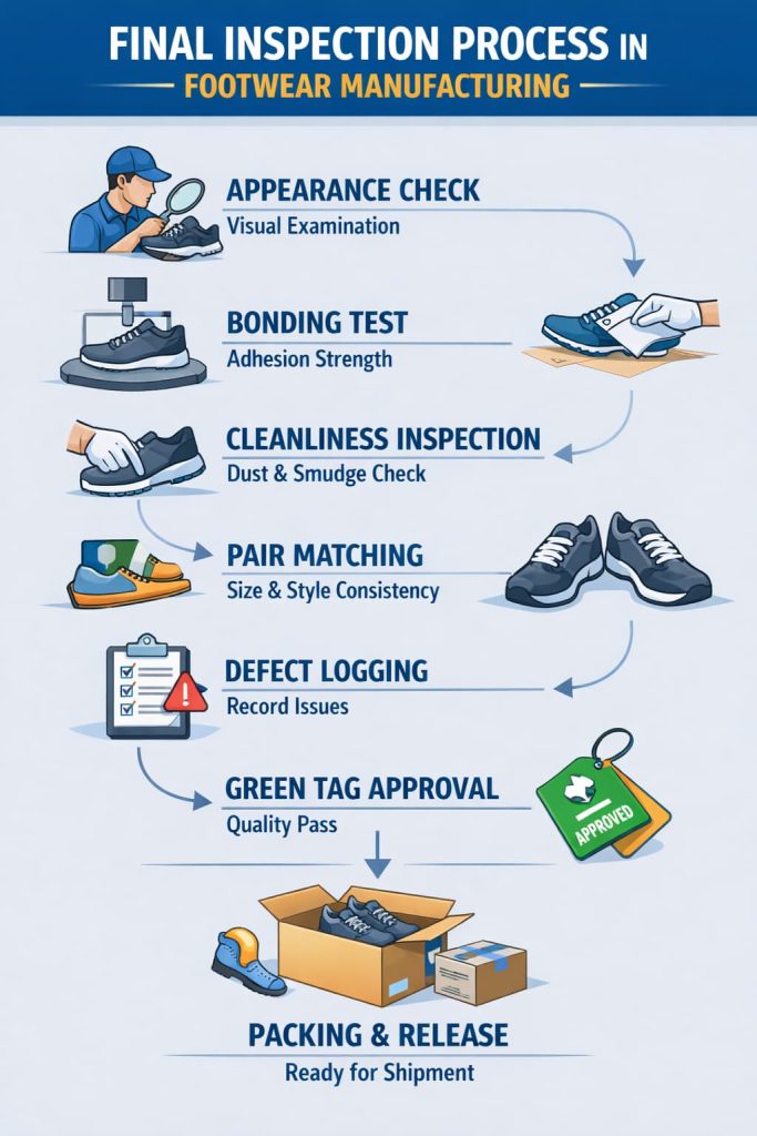 Final inspection process flow chart in footwear manufacturing