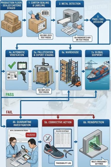 Metal detection process flow in footwear manufacturing.