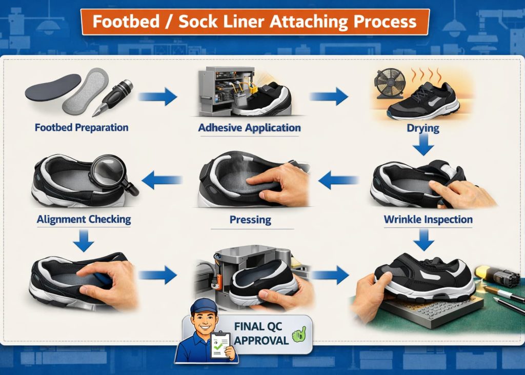 Footbed / sock attaching process flow chart in footwear manufacturing