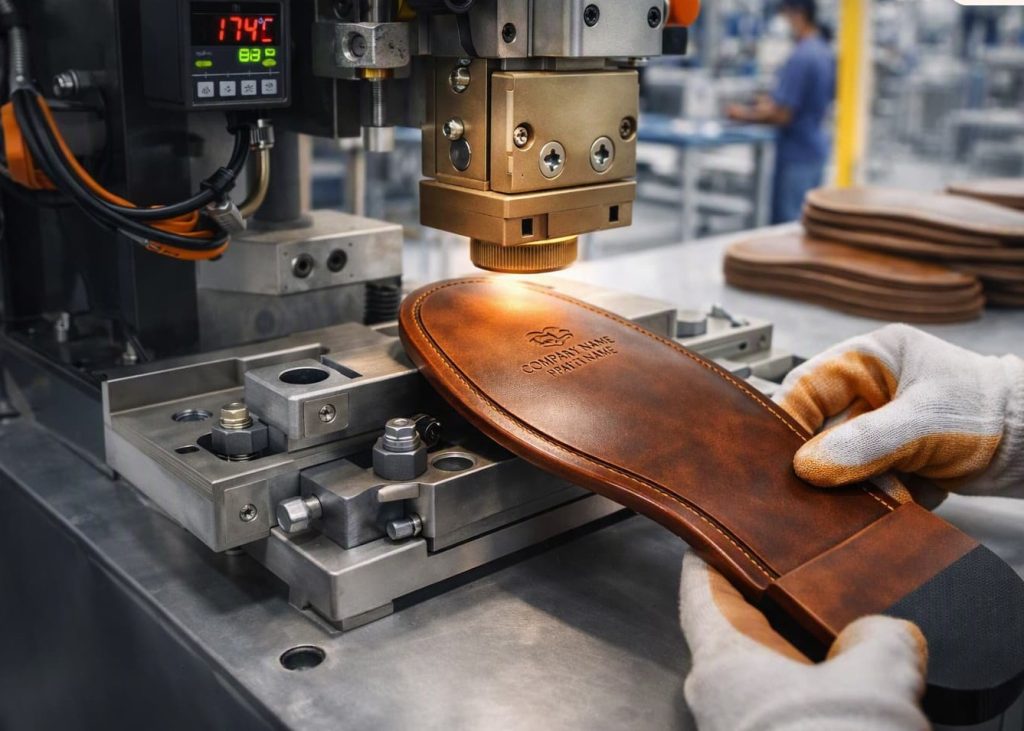 Heat embossing process on footwear outsole.