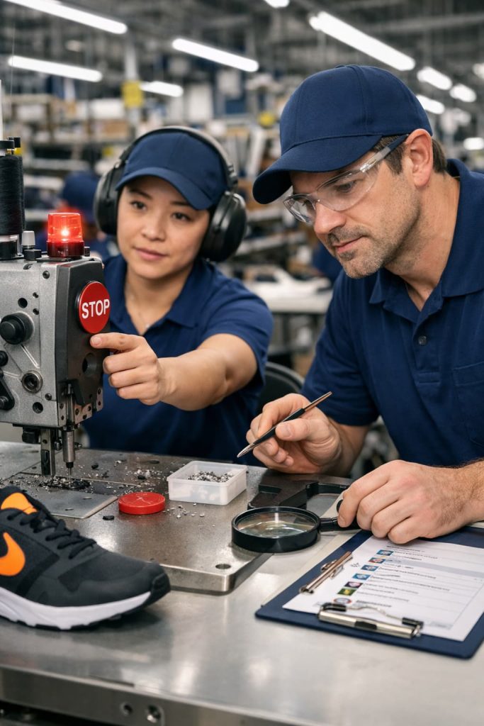 Sewing machine needle breakage inspection in footwear factory