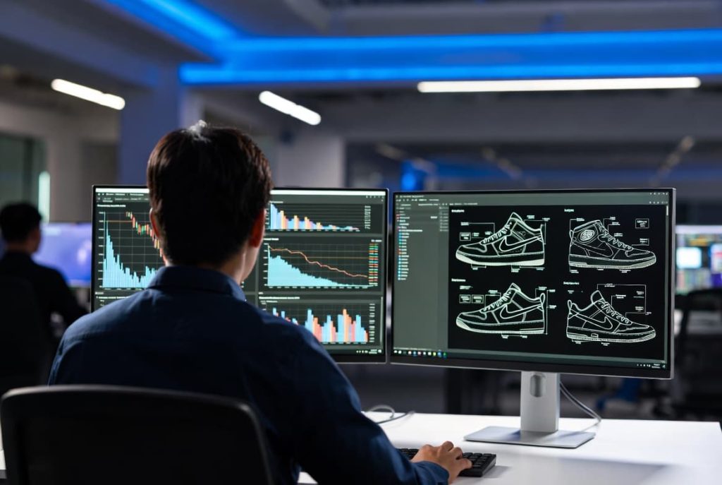 Corporate analyst evaluating footwear logistics and supply indicators on high-tech monitors.