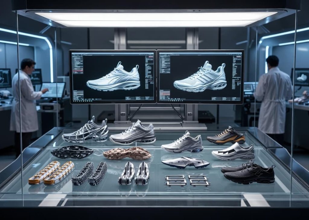 Engineers analyzing digital 3D technical shoe designs in a modern laboratory setting.